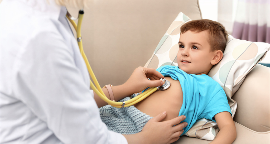 Doctor examining child for heart murmurs during pediatric cardiology consultation