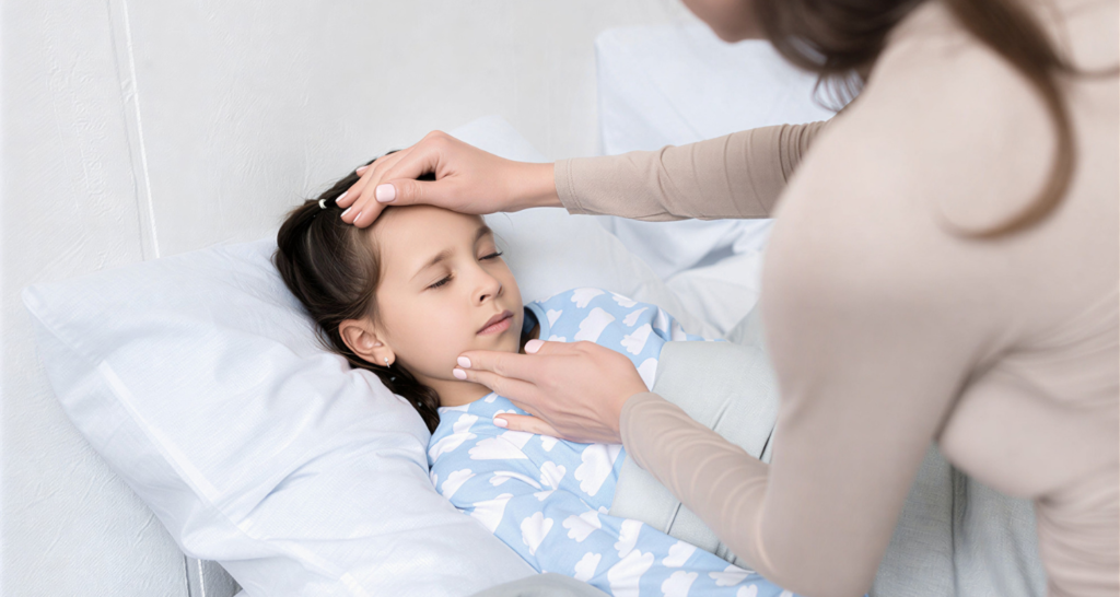 Mother checking child with possible fever or seizure symptoms in pediatric care