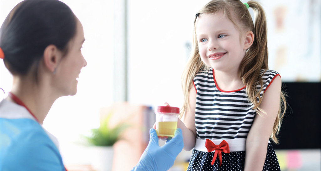 Child providing urine sample for urinary tract infection diagnosis in pediatric care