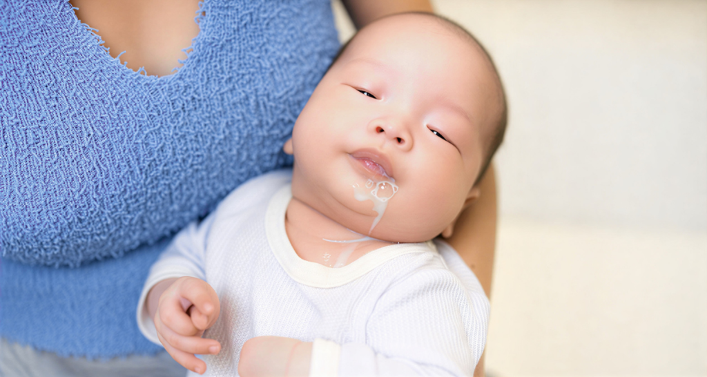 Baby with milk spit-up showing infant acid reflux symptoms in Dubai