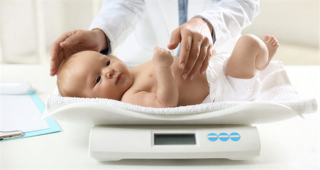 Pediatric specialist checking baby weight on scale for child weight problems in Dubai