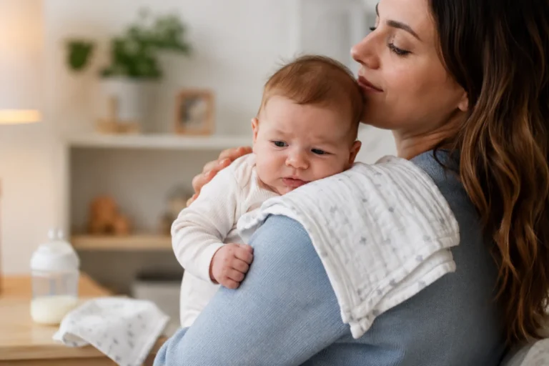 Blog 2 Mother holding baby upright after feeding to help reduce infant reflux and spit-up naturally.