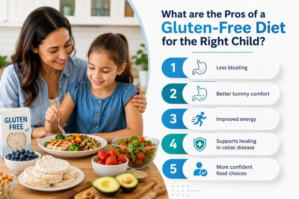 Benefits of a gluten-free diet for children with medical needs, including reduced bloating and improved digestive comfort