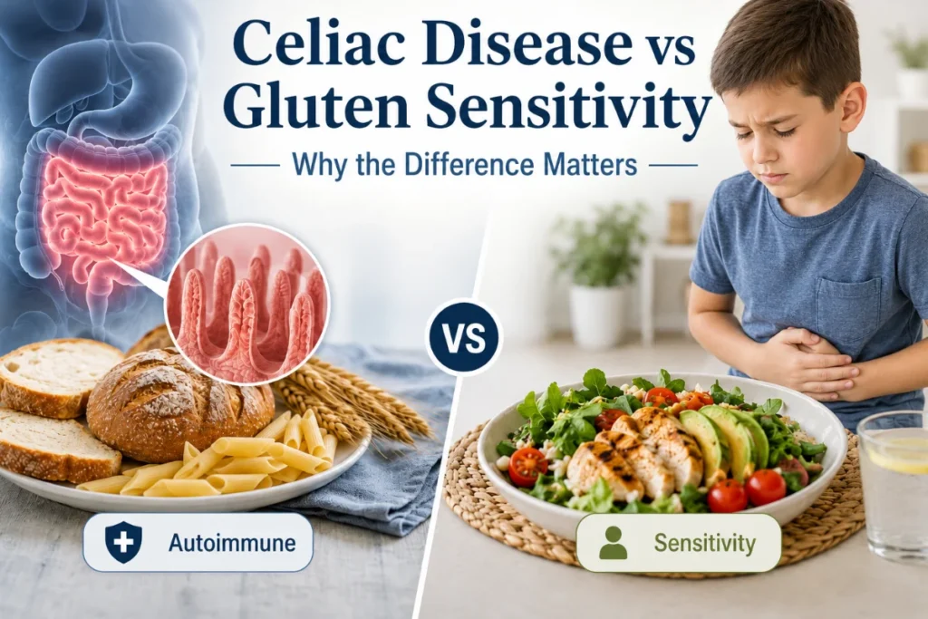 Difference between celiac disease and gluten sensitivity in children showing digestive effects and food reactions