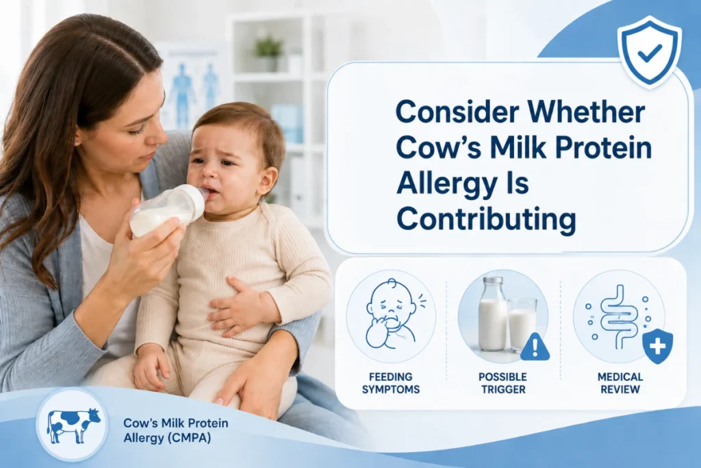 Mother bottle-feeding baby while highlighting cow’s milk protein allergy as a possible cause of reflux symptoms in infants.