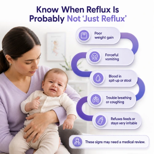 Warning signs of infant reflux including poor weight gain, forceful vomiting, blood in spit-up, breathing difficulties, and feeding refusal.