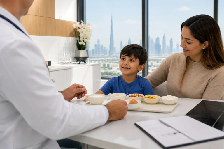 Blog 1 Pediatric allergy consultation for a child undergoing an oral food challenge with a parent present in Dubai.