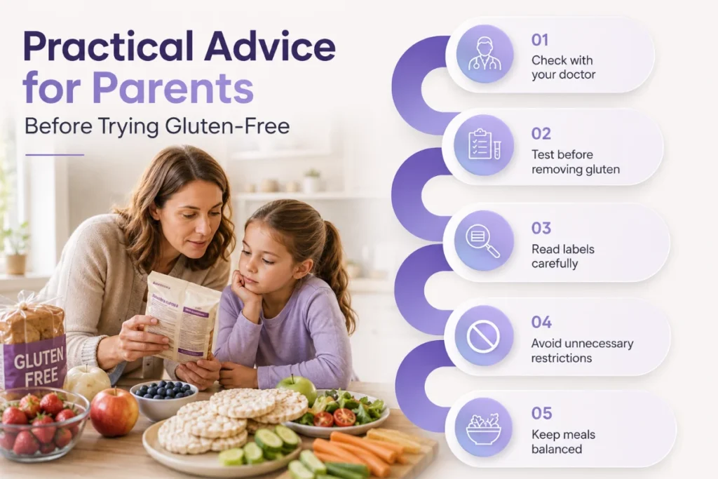 Practical advice for parents before starting a gluten-free diet for children, including testing, checking labels, and balanced meals