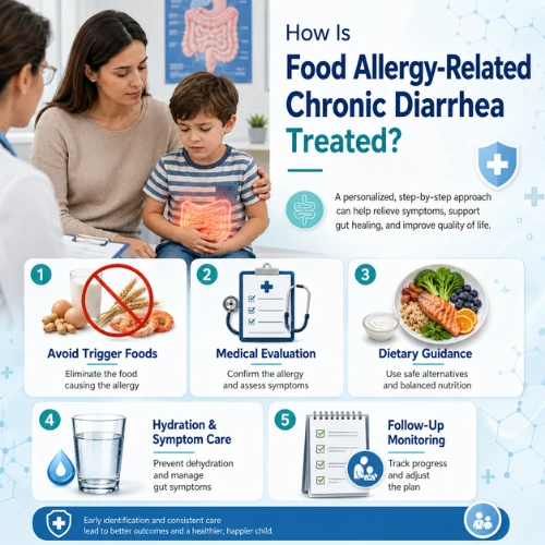 Chronic Diarrhea in Children: Could It Be a Food Allergy? 4 Treatment approach for food allergy-related chronic diarrhea in children, including trigger food avoidance, medical evaluation, hydration, dietary guidance, and follow-up care.