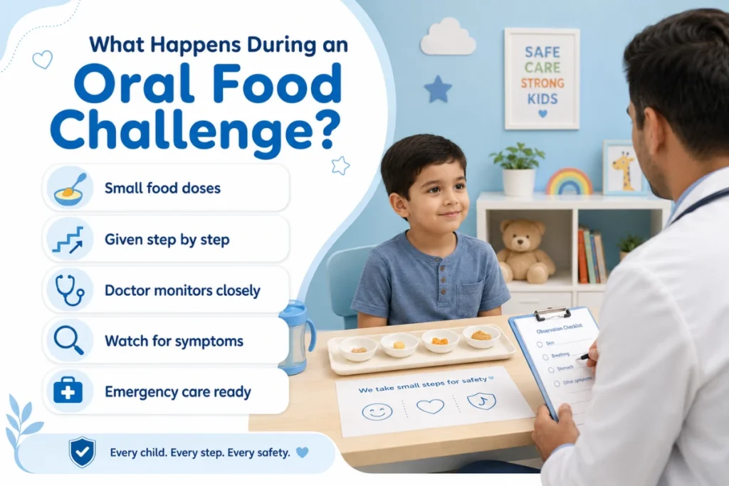 Child undergoing an oral food challenge under the supervision of a pediatric allergy specialist in Dubai.