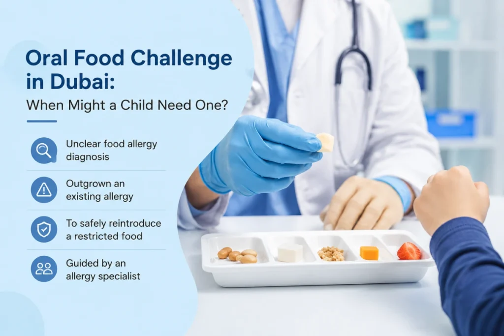 Doctor conducting an oral food challenge with carefully measured food portions for a child in Dubai.