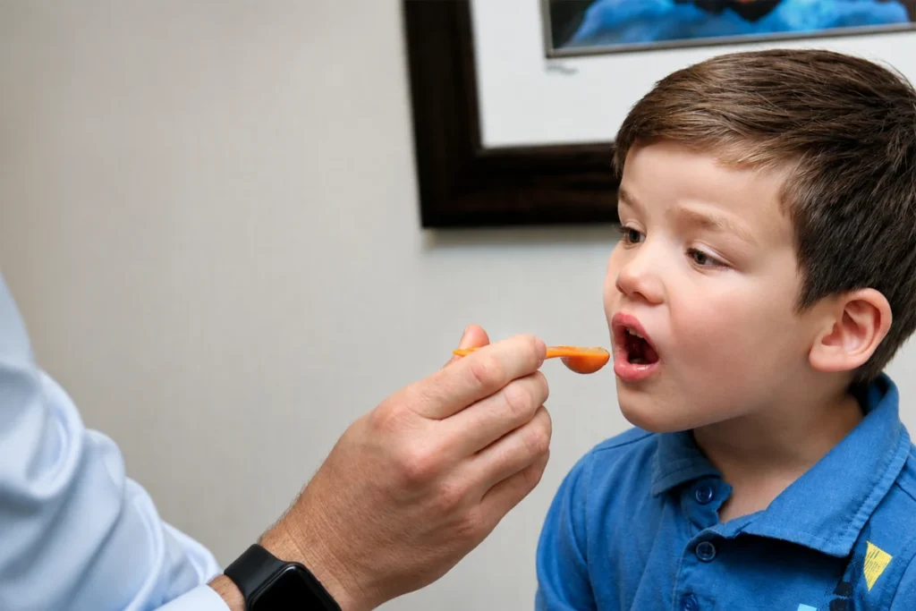 Is Oral Immunotherapy Safe for Children? 2 A young boy taking a measured dose from an orange spoon held by an adult during a supervised oral immunotherapy treatment session.