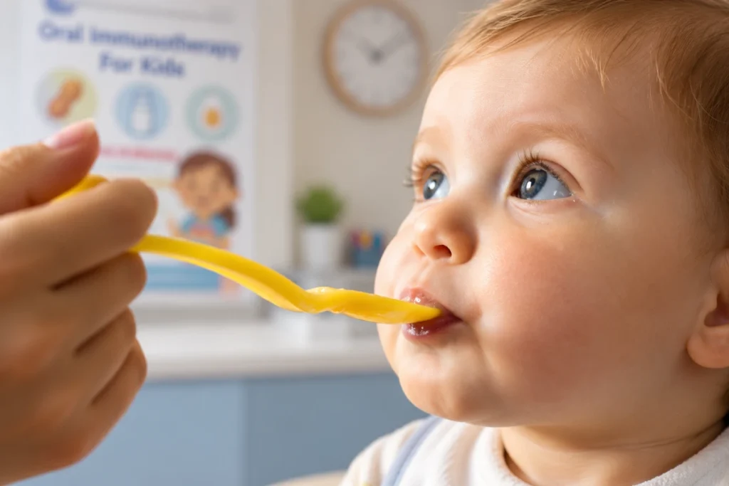 Baby being fed with a spoon, illustrating feeding and food allergy management in young children.