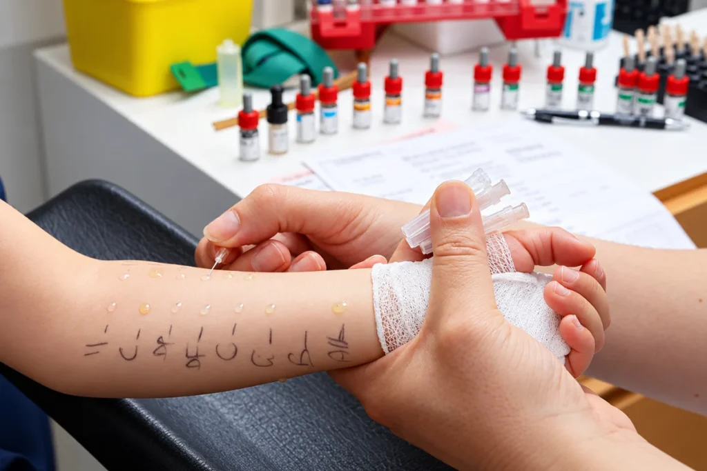 Allergy specialist performing a skin prick test on a child's forearm during food allergy assessment before oral immunotherapy.