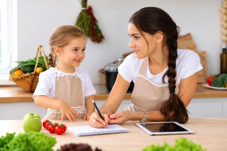 Mother helping her young child with food choices while preparing food in the kitchen