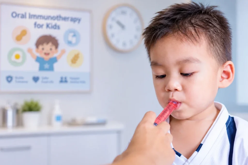 Young child receiving a measured oral dose from a syringe during a supervised food allergy treatment session.