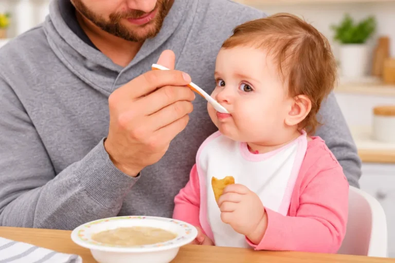 how long does oral immunotherapy take- Parent feeding a baby with a spoon, illustrating parental support and feeding routines during childhood food allergy care.