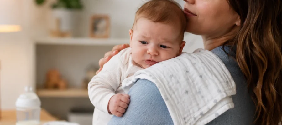 Mother holding baby upright after feeding to help reduce infant reflux and spit-up naturally.