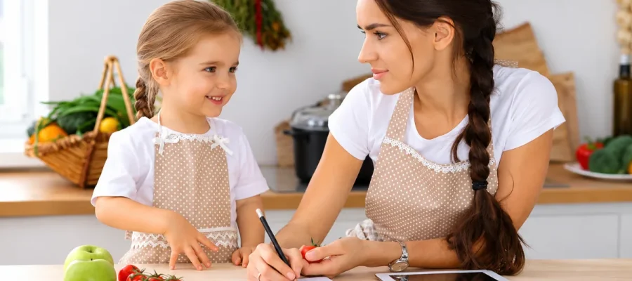 Mother helping her young child with food choices while preparing food in the kitchen