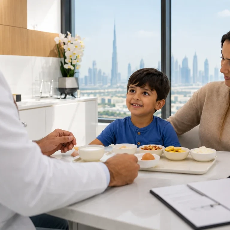 Pediatric allergy consultation for a child undergoing an oral food challenge with a parent present in Dubai.