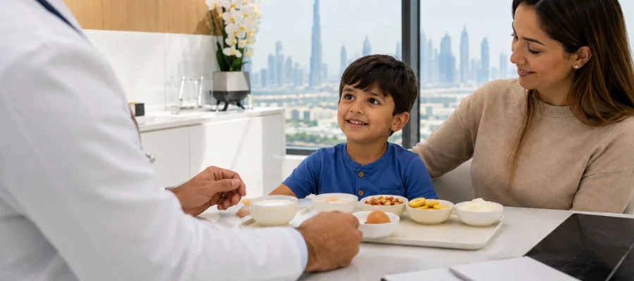 Pediatric allergy consultation for a child undergoing an oral food challenge with a parent present in Dubai.
