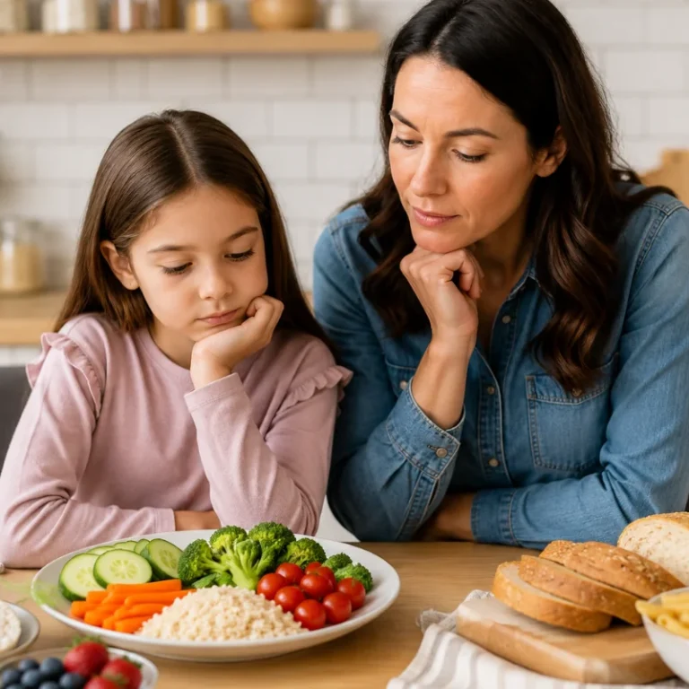 Parent discussing gluten-free diet choices and healthy food options with a child