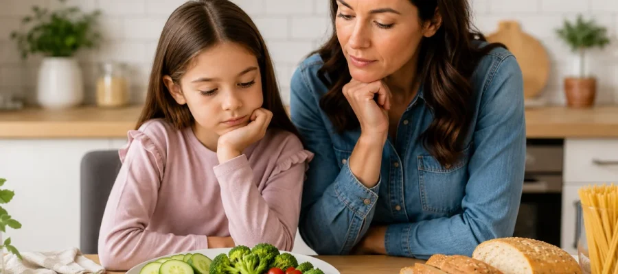 Parent discussing gluten-free diet choices and healthy food options with a child
